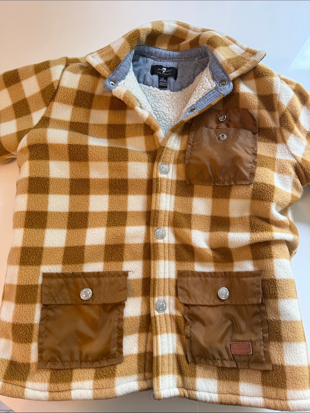 7 For All Mankind Kids Plaid Sherpa Jacket - Cream & Brown